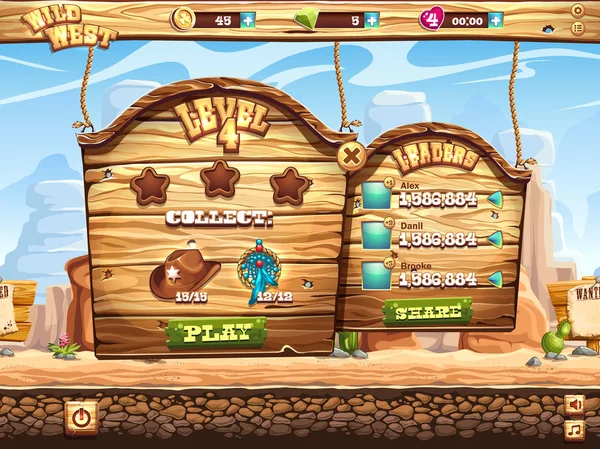 Ejemplo de ventana para pasar el nivel de tarea en el juego Wild West — Vector de stock