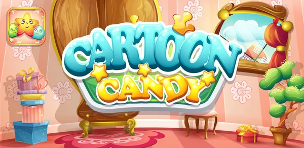Reihe von horizontalen Bannern und Symbolen für Computerspiele Cartoon Bonbons lizenzfreie Stockillustrationen