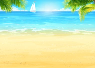 Resimde yaz plaj ve palmiye ağaçları Denizi ve beyaz yelkenli arka plan üzerinde