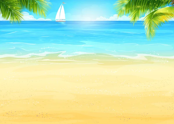 Resimde yaz plaj ve palmiye ağaçları Denizi ve beyaz yelkenli arka plan üzerinde — Stok Vektör