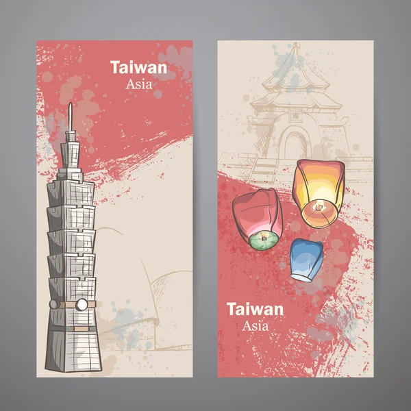 Vertical banner set with a tower and air lanterns Taipei Taiwan. Asia — Stock Vector