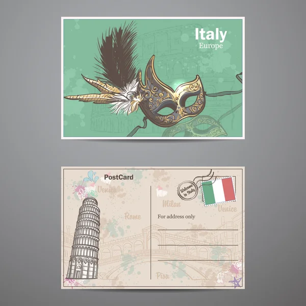 Um conjunto de dois lados de um cartão postal sobre o tema da Itália — Vetor de Stock