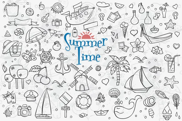 A large set of outline drawings on the theme summer. Summer Dood — Stock Vector