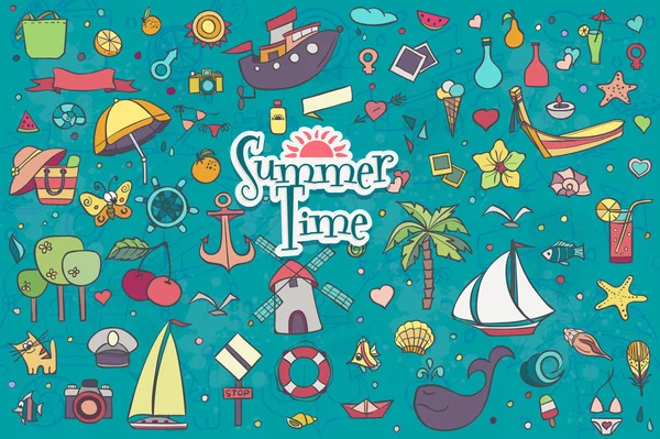 A big hand-drown colorful set of summer doodles — Stockový vektor