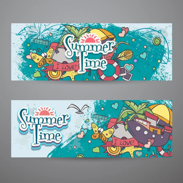 A colored set of horizontal banners with summer doodles — Wektor stockowy