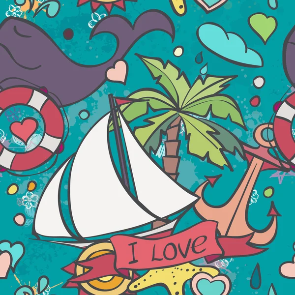 A colored vector texture with summer and sea doodles — ストックベクタ