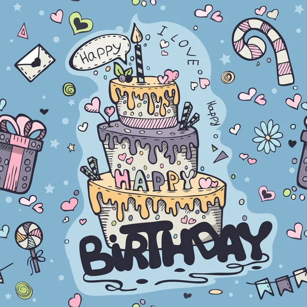 Doğum günü için mavi renkli Doodles sorunsuz doku — Stok Vektör