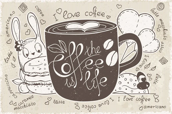 Vetor doodles em um tema de café é a vida — Vetor de Stock