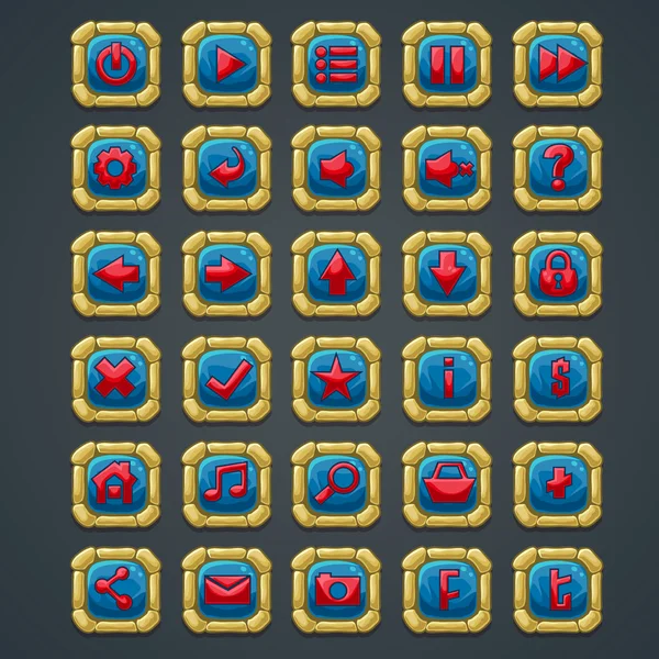 Ensemble de boutons carrés avec des éléments en pierre et des symboles pour l'interface Web et les jeux informatiques — Image vectorielle