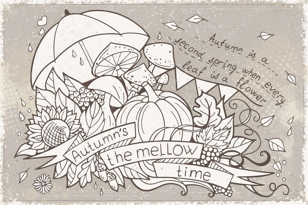 Autumn illustration of fruits and vegetables in a hand-drawn doo