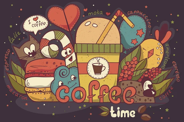 Illustration mit lustigen Figuren, die manuell auf das Kaffeethema Doodle gezeichnet wurden — Stockvektor