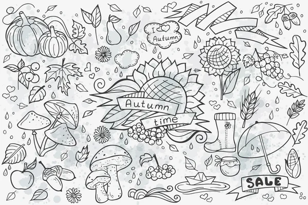 Büyük kümesi çizilmiş vektör nesneleri ve ellementov sonbahar konulu doodles — Stok Vektör