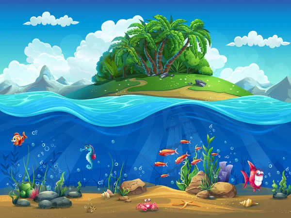 Desenhos animados mundo subaquático com peixes, plantas, ilha Ilustrações De Stock Royalty-Free