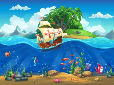Balık, bitki, ada ve caravel ile sualtı dünyası çizgi film