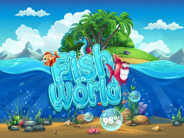 Fish World - Illustrazione schermata di avvio per il gioco per computer — Vettoriale Stock