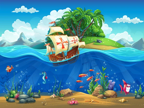 Cartoon underwater world with fish, plants, island and caravel — Stock Vector