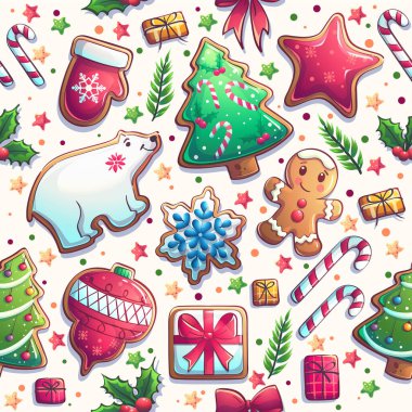 Colorful pattern of festive Christmas cookies, including gingerbread men, ornaments, and snowflakes, alongside candy canes and Christmas trees. A cheerful and whimsical holiday design. Vector illustration