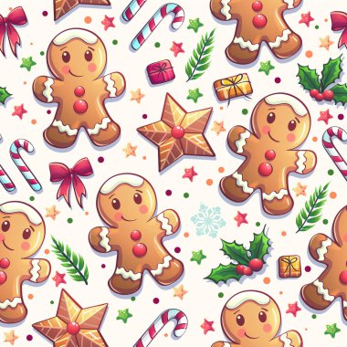 Colorful pattern featuring cheerful gingerbread cookies, candy canes, stars, bows, and holly, embodying the spirit of the holiday season. Perfect for festive designs and decorations. Vector illustration
