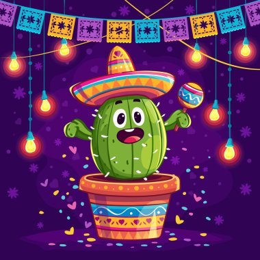 Neşeli bir kaktüs renkli bir sombrero giyiyor ve elinde bir maraca tutuyor. Etrafı şenlikli ışıklar ve picado ile çevrili. Dia de los Muertos ya da Meksika kutlamaları için parlak, neşeli bir illüstrasyon.