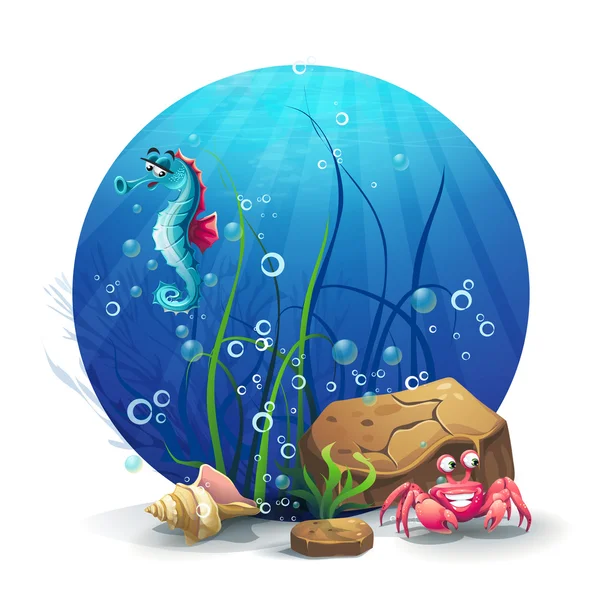 Illustration of underwater rocks with seahorse and crab — Stock Vector