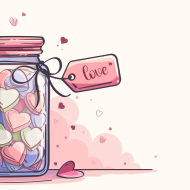 Renkli kalp şekeri dolu bir cam kavanoz, yumuşak pastel arka planda kurdele ve yüzen kalpler içeren romantik sevgililer günü illüstrasyonu tebrik kartları, posterler ve terfiler için mükemmel..