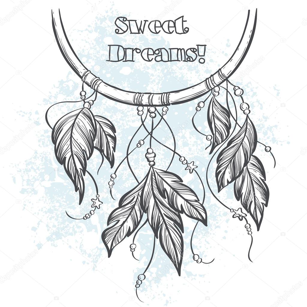 Dreamcatcher outline  vector illustration with feathers