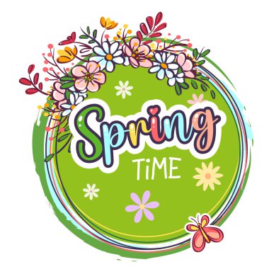 Çiçekli daire çerçeveli bahar çizgi film çizimleri, çiçek açan çiçekler, yapraklar ve yeşil yuvarlak rozetli kelebekler. Kutlamalar, posterler ve neşeli bahar projeleri için parlak mevsimlik tema.