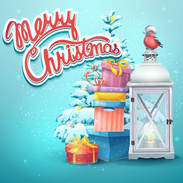 Ilustración con árbol de Navidad, regalos, linterna, pinzón — Vector de stock