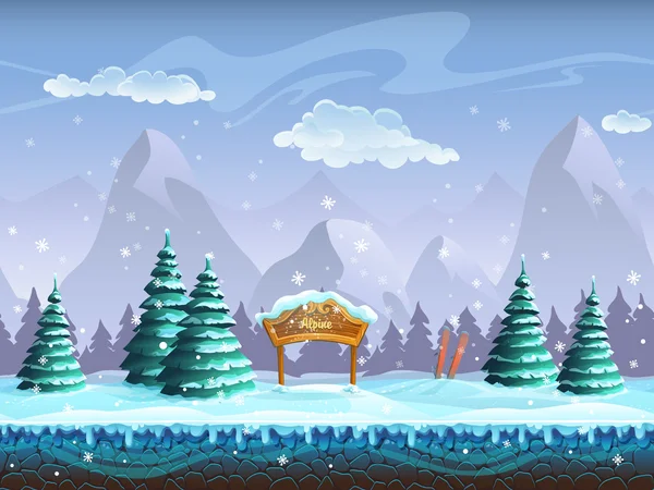 Бесшовный мультяшный фон с зимним ландшафтным знаком и лыжами — стоковый вектор