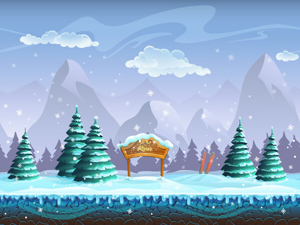 Seamless cartoon background with winter landscape sign and skiing
