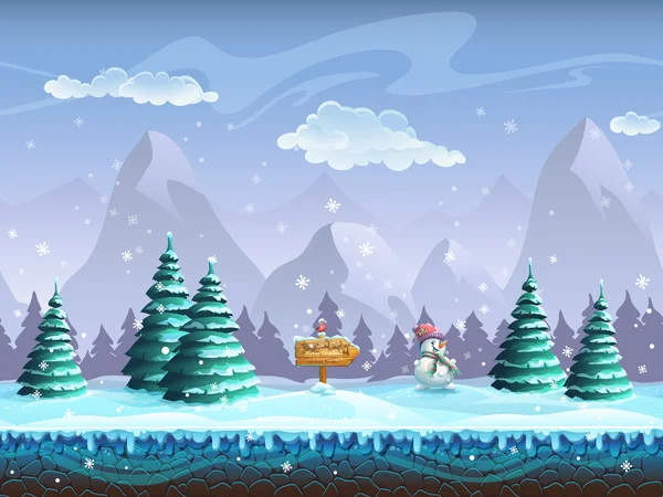 Nahtloser Cartoon-Hintergrund mit Winterlandschaft Zeichen Schneemann und Gimpel — Stockvektor