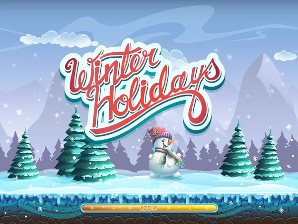 Vacaciones de invierno ventana de pantalla de arranque de muñeco de nieve para el ordenador juego — Vector de stock