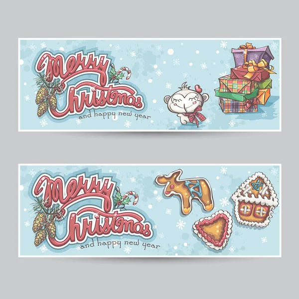 Feliz Navidad tarjetas de felicitación pancartas horizontales — Vector de stock
