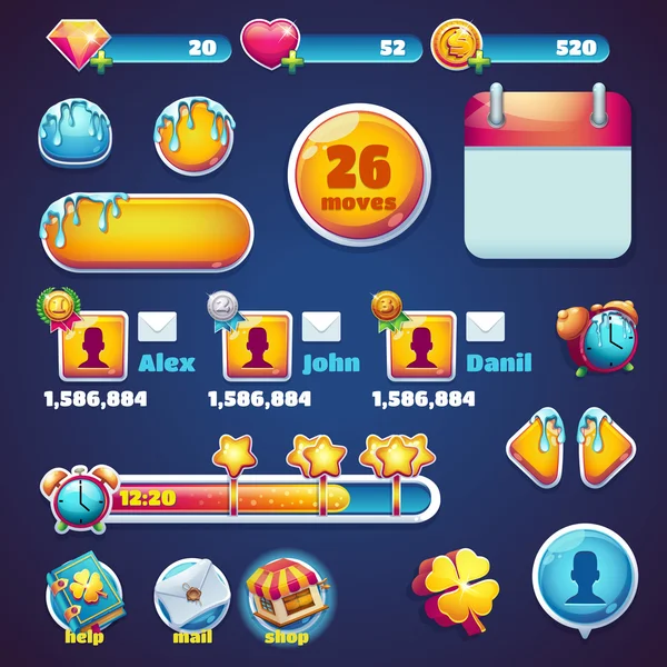 Sweet world mobile GUI set elementi web giochi — Vettoriale Stock