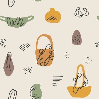 Kusursuz sonbahar vazosu, kase ve sepet vektör deseni. Duvar kağıdı, hediye kağıdı, şablon dolguları, web sayfası arkaplanı, sonbahar tebrik kartları için mükemmel.