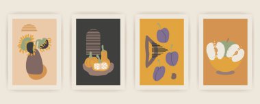 Sonbahar vektör dikey arkaplan kümesi soyut elementler ve şekiller ile Boho tarzı. Mobil uygulama sayfası minimalist orta yüzyıl modern sonbahar arkaplanı.