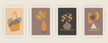 Sonbahar vektör dikey arkaplan kümesi soyut elementler ve şekiller ile Boho tarzı. Mobil uygulama sayfası minimalist orta yüzyıl modern sonbahar arkaplanı.