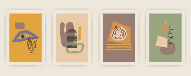 Sonbahar vektör dikey arkaplan kümesi soyut elementler ve şekiller ile Boho tarzı. Mobil uygulama sayfası minimalist orta yüzyıl modern sonbahar arkaplanı.