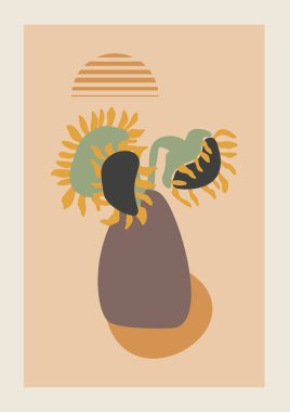 Soyut elementler ve şekillerle Boho tarzında vektör Autumn dikey arkaplanı. Duvar sanatı kompozisyonu minimalist orta yüzyıl modern.