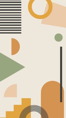 Soyut elementler ve şekillerle Boho tarzında vektör dikey arkaplan. Sosyal medya hikayeleri için arka plan. Asgari Ortaçağ modern.