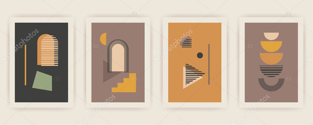 Set of Autumn vector vertical backgrounds with abstract elements and shapes in Boho style. Background for mobile app page minimalist Mid century modern Fall.