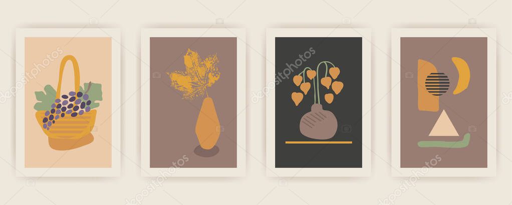 Set of Autumn vector vertical backgrounds with abstract elements and shapes in Boho style. Background for mobile app page minimalist Mid century modern Fall.
