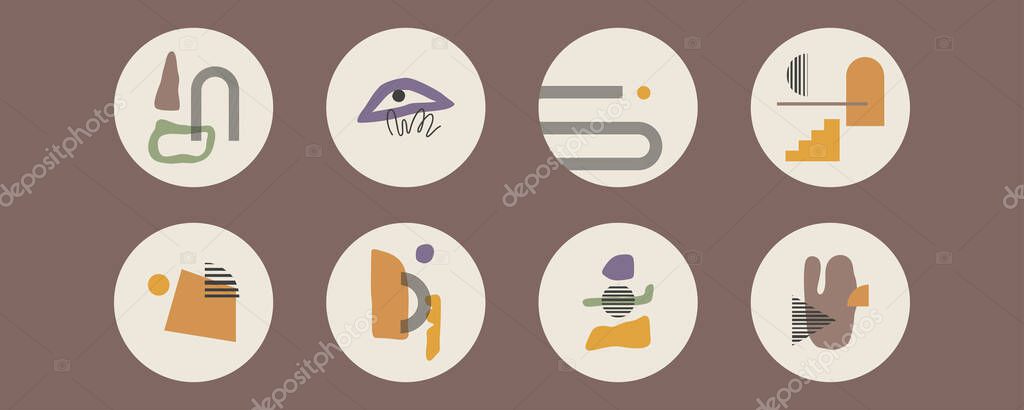 Set of Autumn vector highlight covers. Abstract Fall boho backgrounds. Mid century modern style compositions.