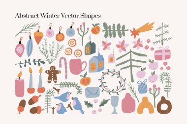 Noel & Yeni Yıl Vektörü Soyut Sembolleri ve dekorasyonları. Boho elementleri izole etti. Orta yüzyıl modern minimalist sanat baskısı. Organik doğal şekil.