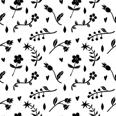 Floral shapes seamless pattern. Minimal hand drawn folk style. Vector doodle texture with   flower branches. Good for cosmetics, beauty, tattoo, Spa, social media. Black on white