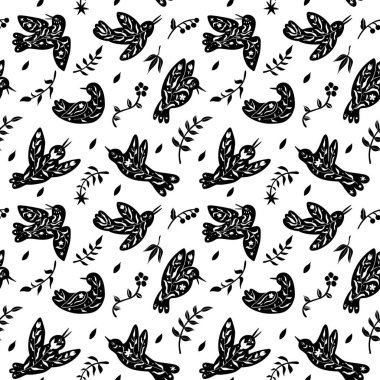 Floral bird seamless pattern. Minimal hand drawn folk style. Vector doodle texture with   flying birds and flower branches. Good for cosmetics, beauty, tattoo, Spa, social media. Black on white