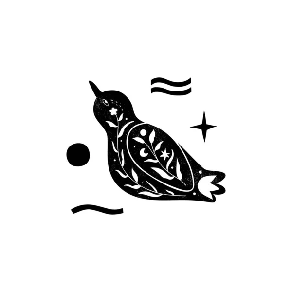 Black Floral Bird Silhouette Composition Minimal Hand Drawn Folk Style — Vector de stock