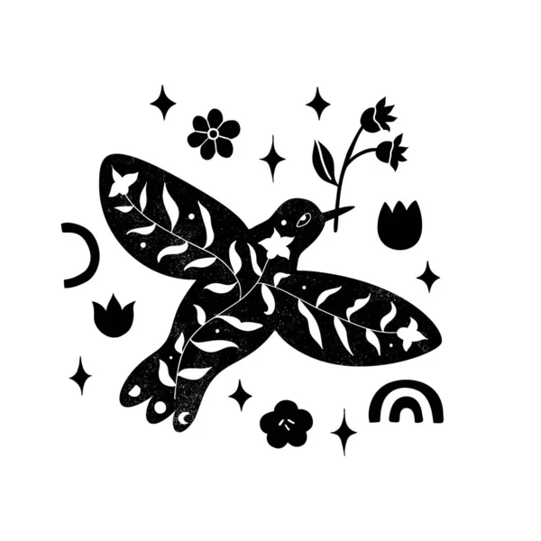 Black Floral Bird Silhouette Composition Minimal Hand Drawn Folk Style — Vector de stock