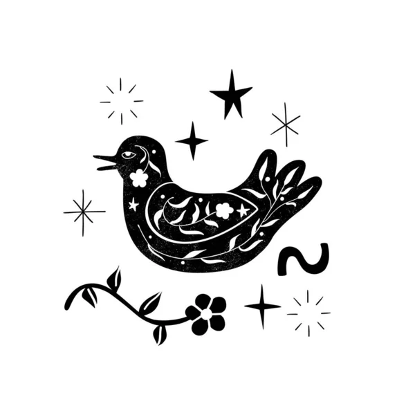 Composition Silhouette Oiseau Floral Noir Dans Style Folk Minimaliste Dessiné — Image vectorielle