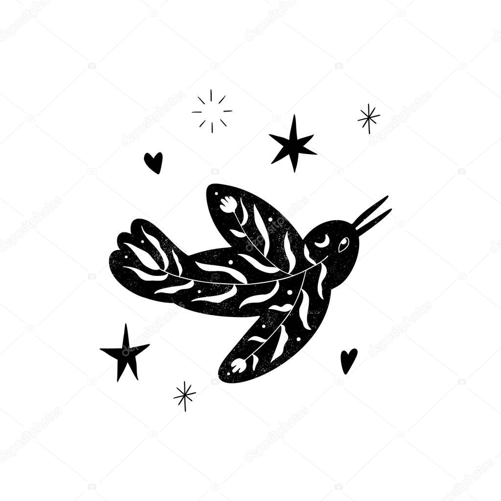 Black floral bird silhouette composition in minimal hand drawn folk style. Vector doodle logotype with organic textured flower branch. Good for cosmetics, beauty, tattoo, Spa, social media